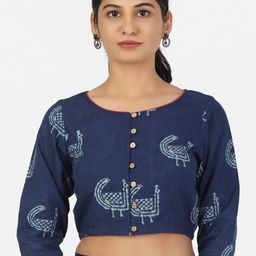 Llajja Navy Blue Printed Pure Cotton Saree Blouse-image-7