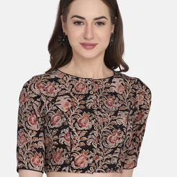 THE WEAVE TRAVELLER Black & Beige Kalamkari Block Printed Cotton Saree Blouse-7