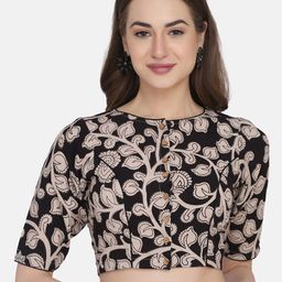 THE WEAVE TRAVELLER Black & Beige Block Printed Cotton Saree Blouse-image-51