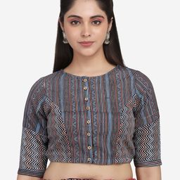 THE WEAVE TRAVELLER Women Blue & White Printed Cotton Saree Blouse-57