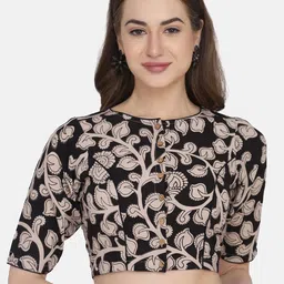 THE WEAVE TRAVELLER Women Black & Beige Kalamkari Printed Cotton Saree Blouse-image-71