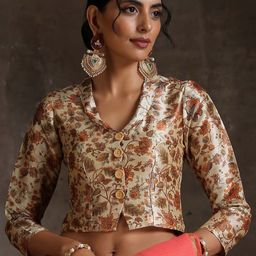 Triyah Gold-Colored Printed Saree Blouse-image-18