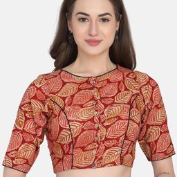 THE WEAVE TRAVELLER Women Red Kalamkari Printed Cotton Non-Padded Readymade Saree Blouse-image-63