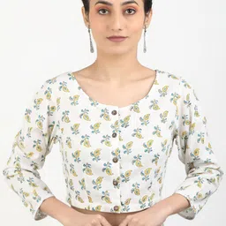 Llajja Block Printed Round Neck Cotton Ready To Wear Non Padded Saree Blouse-picture-35