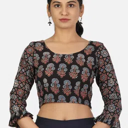 Llajja Black & Maroon Block-Printed Pure Cotton Saree Blouse-picture-3