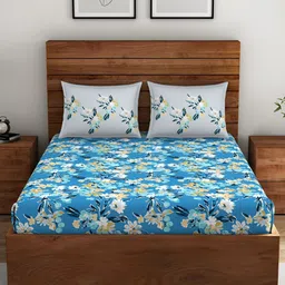 SPACES Boho Blue & White Floral Cotton 130 TC King Bedsheet With 2 Pillow Covers-53