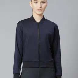 skyria Women Navy Blue Self Design Bomber Jacket-picture-3