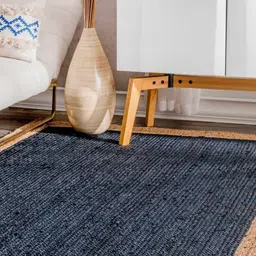 HABERE INDIA Navy Blue & Beige Hand Woven Jute Carpet-18