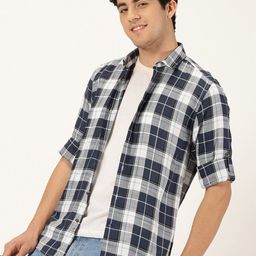 Mast & Harbour Navy Blue Classic Slim Fit Tartan Checks Opaque Casual Shirt-image-79