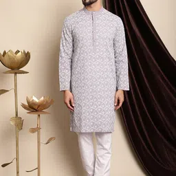 Anouk Lavender & White Floral Embroidered Thread Work Pure Cotton Kurta With Churidar-picture-41