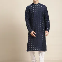 SOJANYA Men Navy Blue & White Self Design Kurta with Churidar-image-10