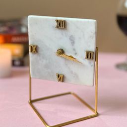 HOMEARTE White & Beige Analogue Vintage Square Shape Marble Desktop Table Clock-3