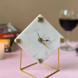 HOMEARTE White & Beige Analogue Vintage Diamond Shape Marble Desktop Table Clock-image-1