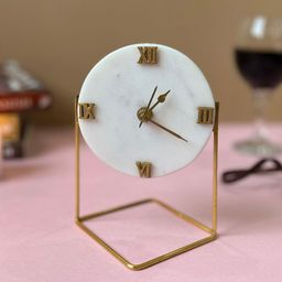 HOMEARTE White & Beige Analogue Vintage Round Marble Desktop Table Clock-image-15
