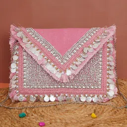 FABBHUE Pink & Silver-Toned Embroidered Embellished Envelope Clutch-image-10