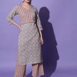 VAANI CREATION Women Multicoloured Embroidered Panelled Pure Cotton Kurti with Trousers-9