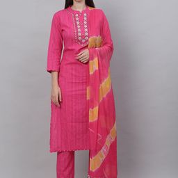 Assamica Women Embroidered Mirror Work Cotton Kurta with Trousers & With Dupatta-image-44