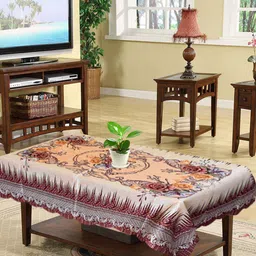 Kuber Industries Cream & Maroon Floral Printed 4 Seater Rectangle Table Cover-25