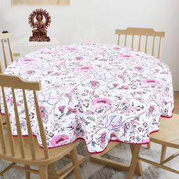 Texstylers Pink Floral Anti-Slip Cotton Round 4-Seater Table Cover-image-99