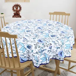 Texstylers White & Blue Floral Printed Anti Slip Cotton Round 4 Seater Table Cover-picture-11