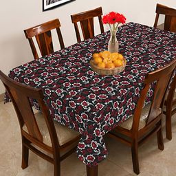 OASIS Black & Red Floral Printed Cotton 6-Seater Table Cover-22