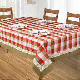 SHADES of LIFE Red & Brown Checked Cotton 6-Seater Table Cover-20