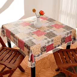 Kuber Industries White & Red Self-Design Waterproof 4 Seater Table Cover-63