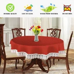 Dakshya Industries Maroon & White Checked Embellished Waterproof Round Shaped Table Cover-5