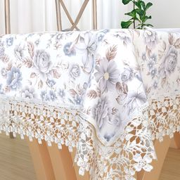 TANLOOMS White & Purple Floral Cotton Textured 6-Seater Table Cover-37