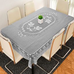 Kuber Industries White & Grey Floral Design Cotton 6-Seater Table Cover-26