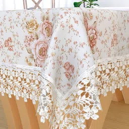 TANLOOMS White & Peach Colour Floral Printed Jute Cotton 6 Seater Table Cover-5