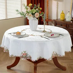 MONKDECOR White Floral Round 6-Seater Table Cover with Embroidered details-image-60