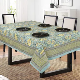 SHADES of LIFE Turquoise Blue & Yellow Floral Printed Solid Cotton 6-Seater Table Covers-image-97
