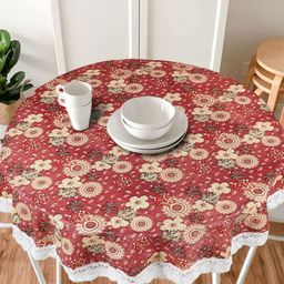 Dakshya Industries Maroon & Beige Floral Printed Embellished Waterproof Round Table Cover-7