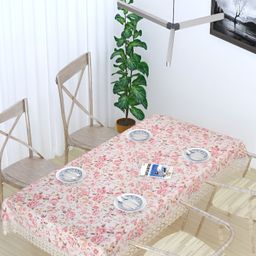 TANLOOMS White & Peach Floral Cotton Textured 8-Seater Table Cover-52
