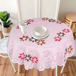 Dakshya Industries Pink Tulip Flower Woven Design 4 Seater Round Cotton Table Cover-24