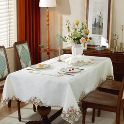 TANLOOMS White & Pink Floral Embroidered Anti-Skid Rectangle Table Cover-16