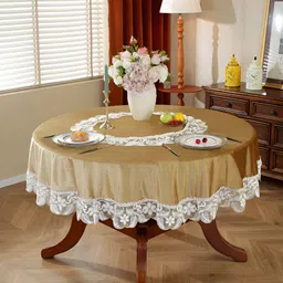 TANLOOMS Gold-Toned Floral Anti-Skid Round 4-Seater Table Cover with Embroidered details-28