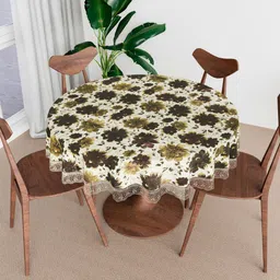 Kuber Industries Brown Floral Waterproof Plastic Round 4-Seater Table Cover-39