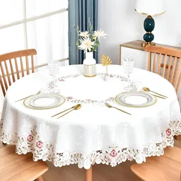 MONKDECOR White Floral Round 4-Seater Satin Table Cover with Embroidered details-19