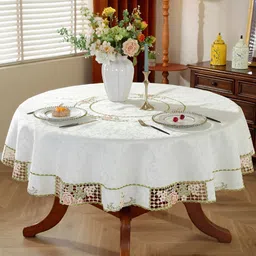 TANLOOMS White & Peach Floral Embroidered Round Table Cover-picture-28