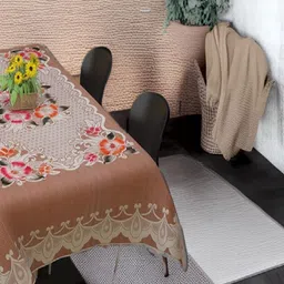 REVEXO Peach-Coloured & Green 4-Seater Floral Printed Table Cover-16
