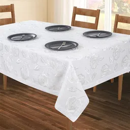 SHADES of LIFE White Floral Embroidered Pure Cotton 6 Seater Table Cove-15