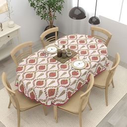 Clasiko Pink & White Ethnic Motifs Cotton Oval 6-Seater Table Cover-52
