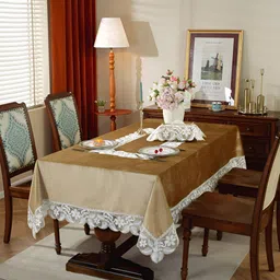 TANLOOMS Gold-Toned Floral Anti-Skid 6-Seater Table Cover with Embroidered details-30
