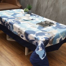 Soumya Navy Blue & White Abstract  Printed Rectangle Cotton Table Cover-37
