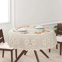 Dakshya Industries Beige Tulip Flower Woven-Design 4-Seater Round Cotton Table Cover-image-31