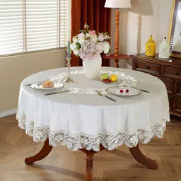 MONKDECOR White Floral Anti-Skid Round 6-Seater Table Cover with Embroidered details-image-21