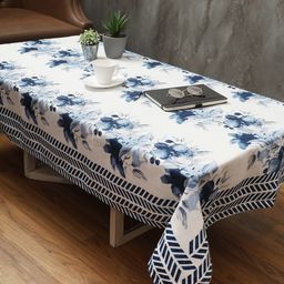 Soumya Navy Blue & White Floral Printed Rectangle Cotton Table Cover-42