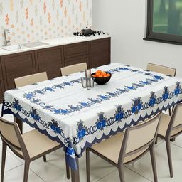 Kuber Industries White & Blue Printed Rectangular Waterproof Cotton Table Cover-51
